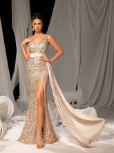 Elegant Sequin Gown with High Slit & Draped Train – Luxury Evening Wear for Red Carpet, Gala Dinners & Luxury Weddings, XS-XL